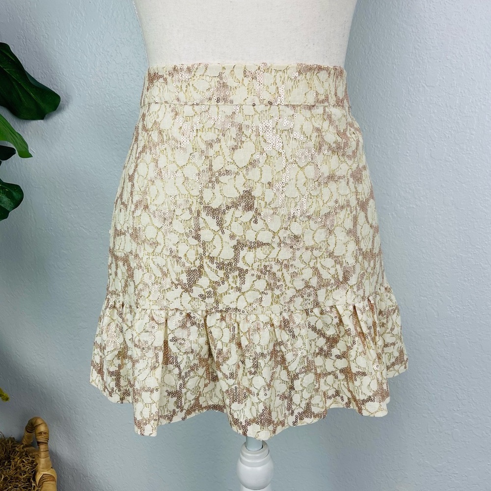 Rachel Roy Cream Sequin Metallic Lace A Line Ruffle Mini Skirt